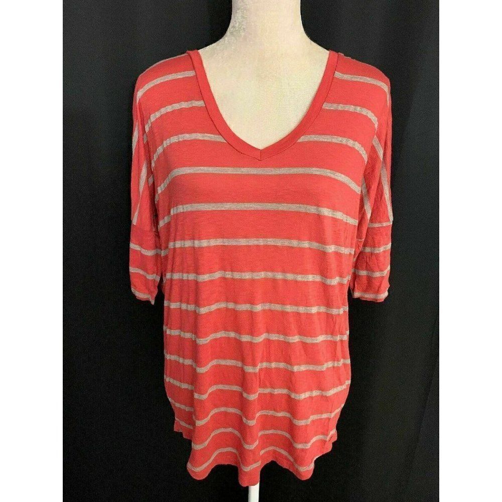 Splendid Womens Pink Gray Striped V Neck Short Sleeve Top T Shirt Medium